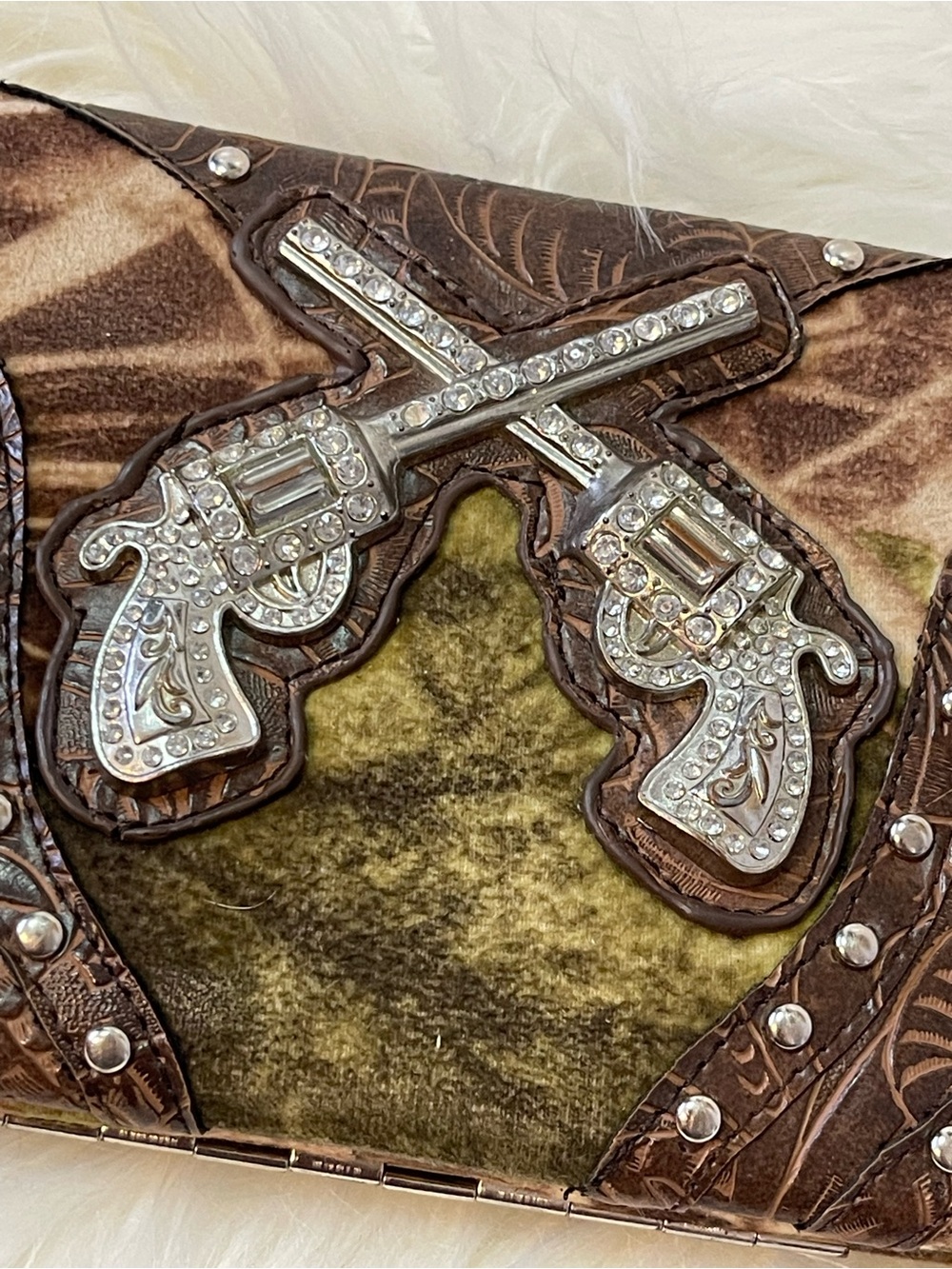 Western Rhinestone Pistol Accent Clutch in Brown and Olive